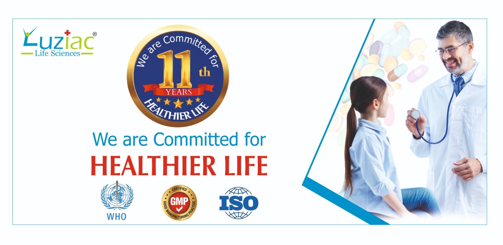 PCD Pharma Franchise in Kerala – Luziac Life Sciences celebrating 11 years of healthcare excellence with WHO, GMP, ISO certifications, committed to a healthier life.